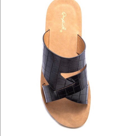 BLACK CROCODILE CROSSOVER SLIDE WEDGE SANDALS NWT - Picture 4 of 4